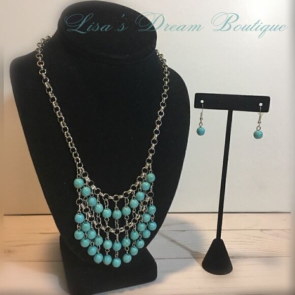 Turquoise & Silver Necklace with Earrings - Picture 1 of 8